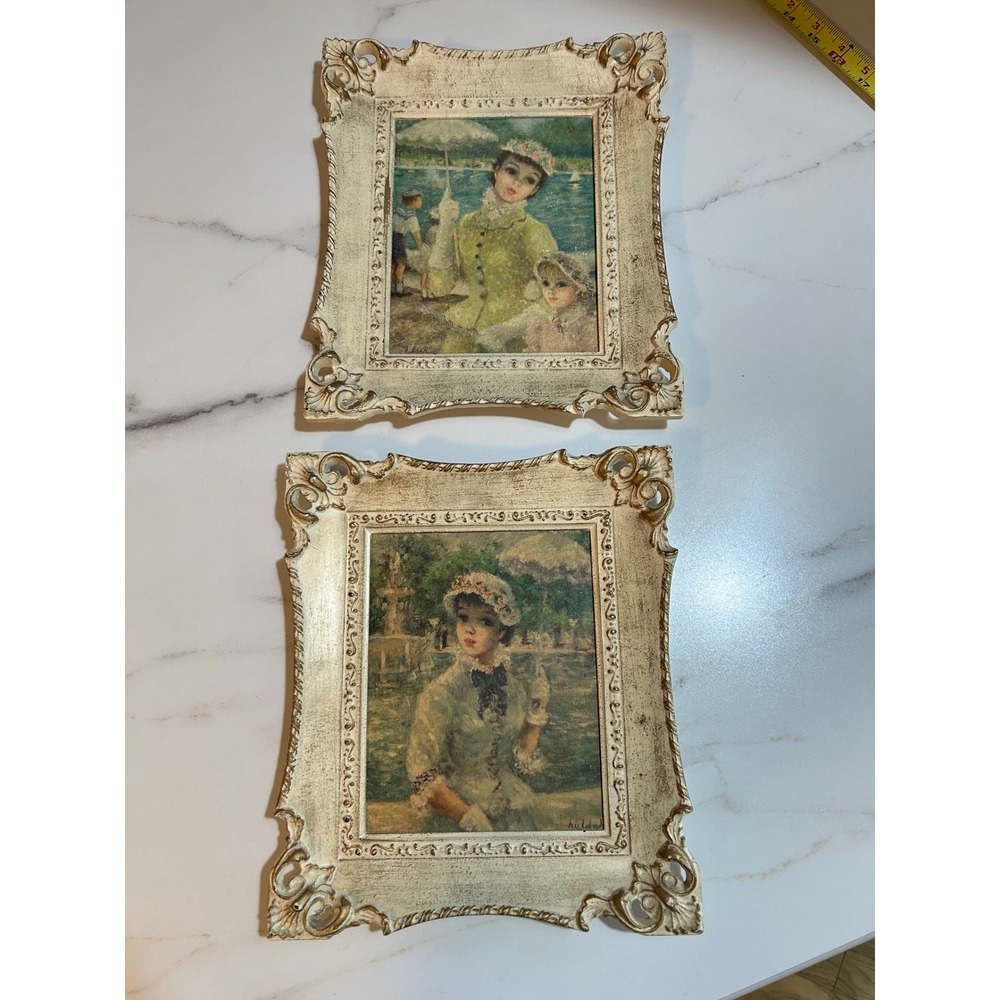 Vintage Windsor Art Hulda Prints Pair Ornate Cream Gold Frames V.2312-884 12x9.5